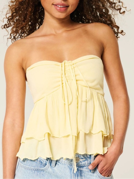 Hollister Tops - Summer- Hollister Pale Yellow Strapless Ruffle Tie Front Crop Top